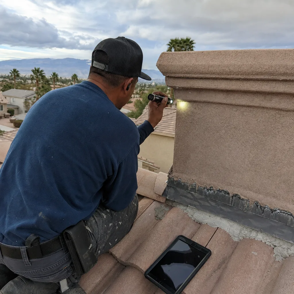 Professional technician performing a detailed chimney inspection on a residential roof