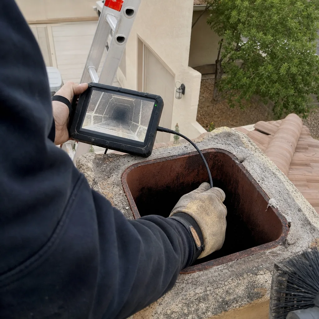 Technician using a chimney inspection camera to examine flue interior