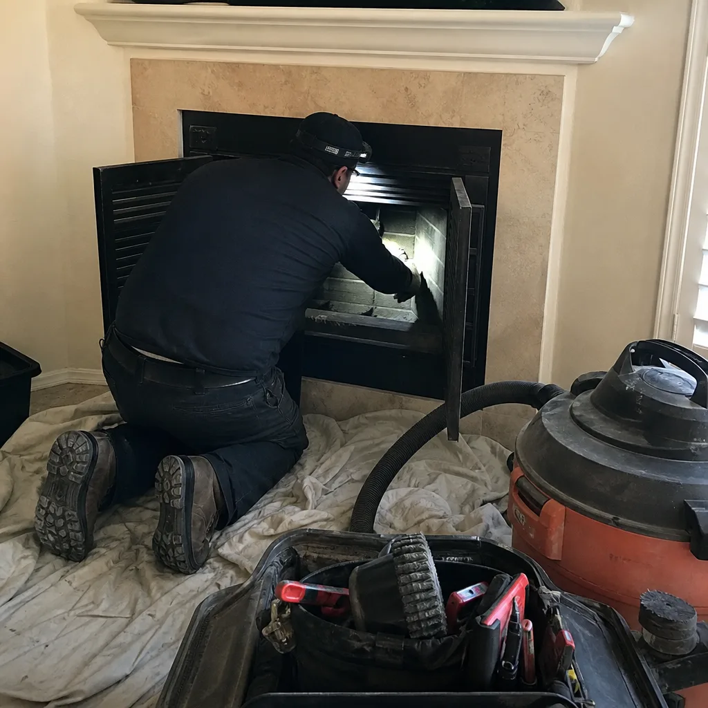 Professional technician performing a thorough residential chimney inspection and fireplace cleaning.