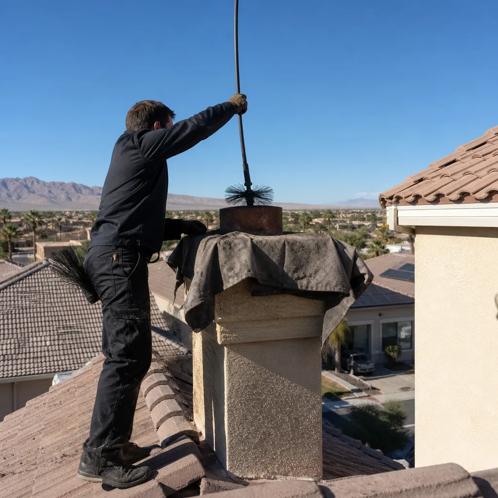 Professional chimney sweep cleaning a chimney flue on a rooftop.