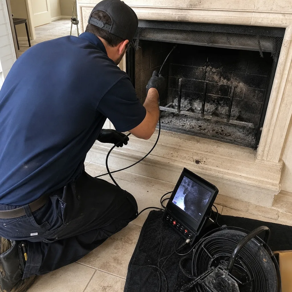 Technician performing professional fireplace inspection and repair with a video camera